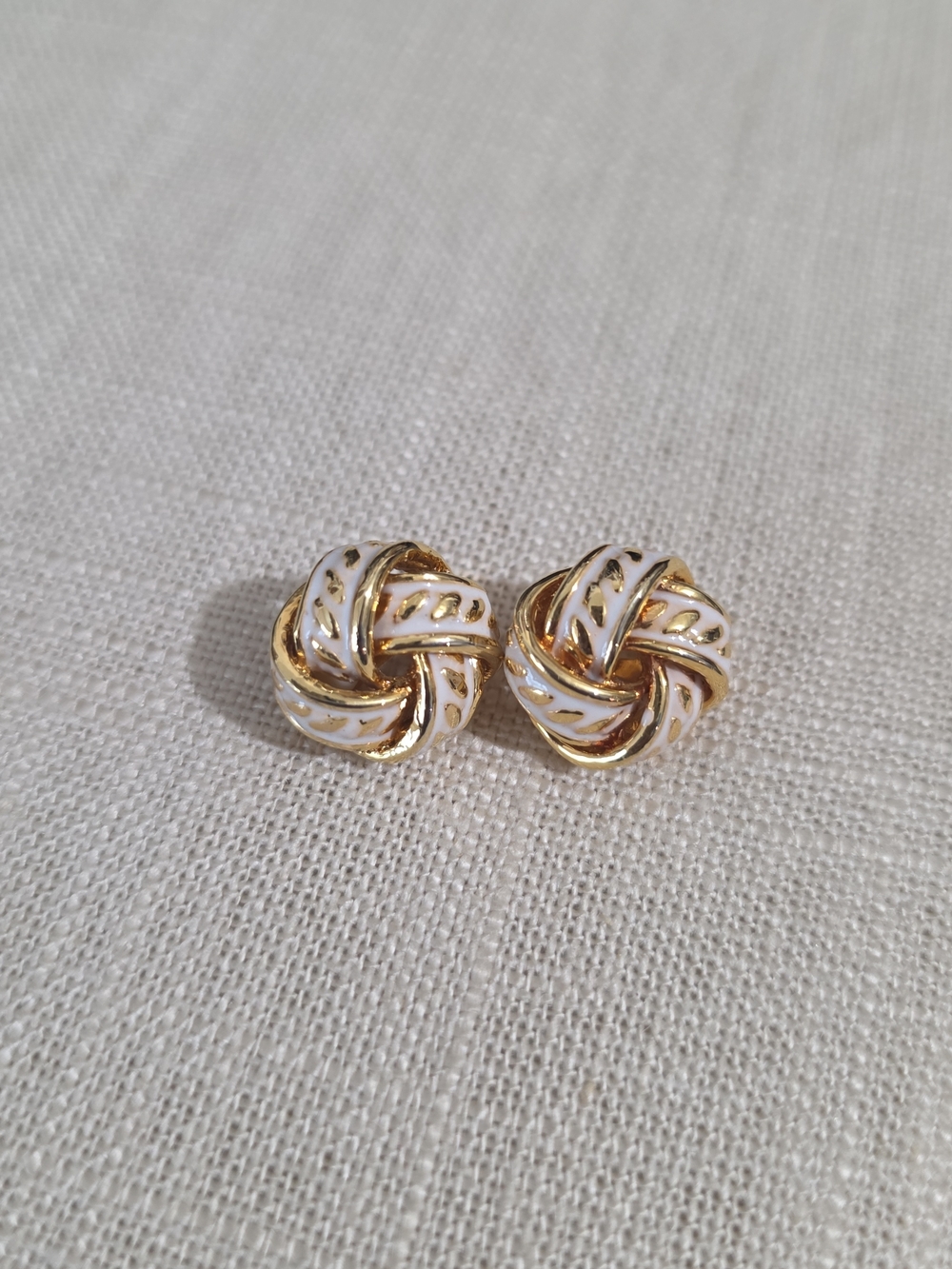 Vintage Gold Tone White Enamel Knot Clip-On Earrings